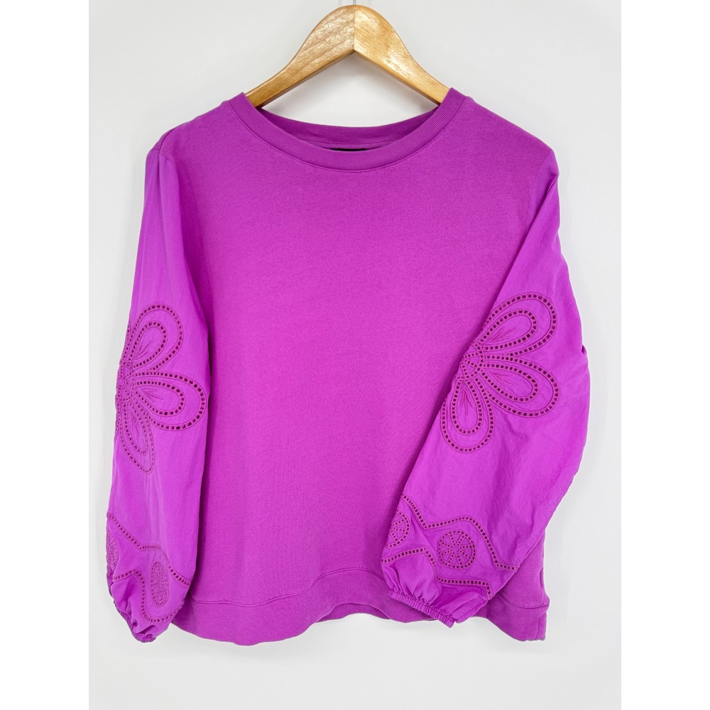 Talbots Sweatshirt Women L Petite Eyelet Embroidered Sleeve Cottage Feminine